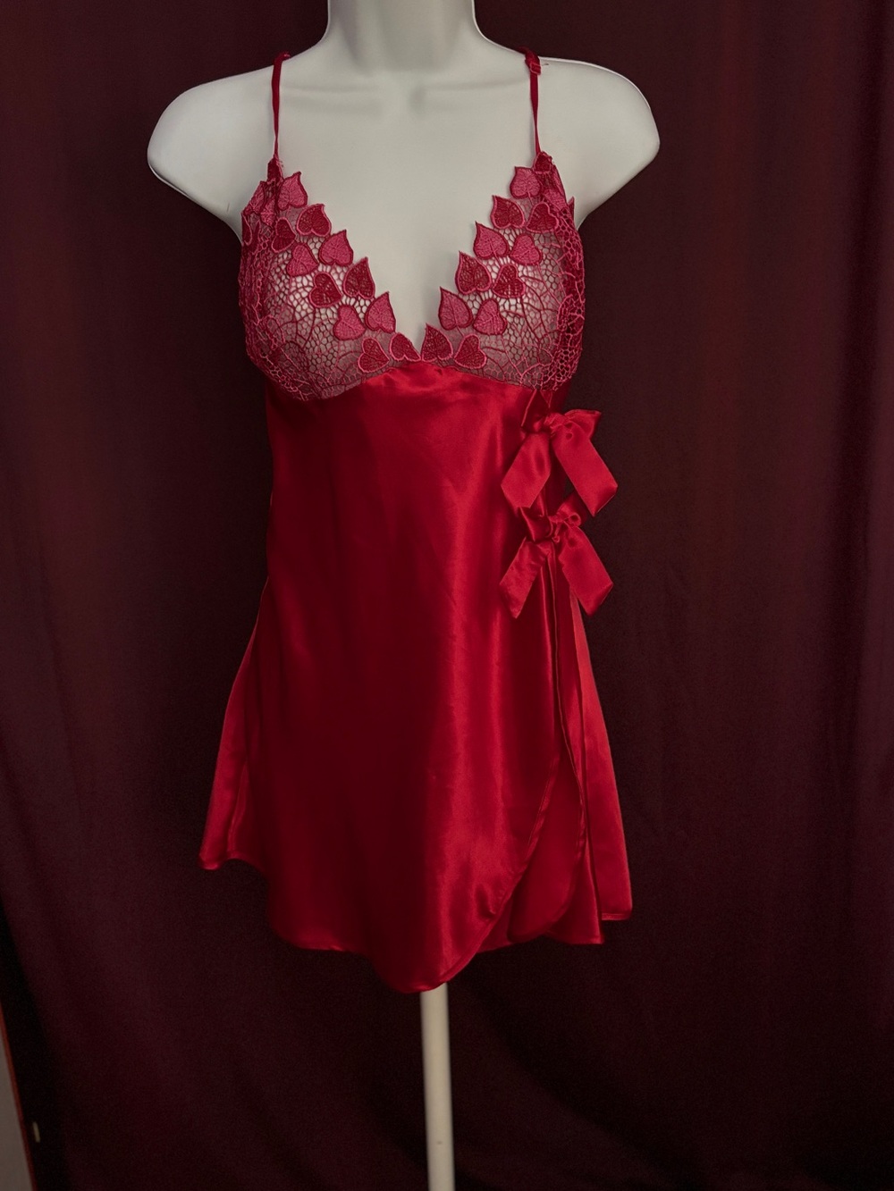 Frederick's of Hollywood Red Satin & Lace Chemise with Side Bows